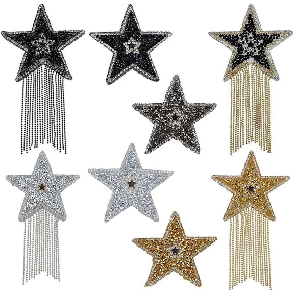 8 PCS Rhinestone Star Applique Repair Patch Iron on Patches Tassels Sparkling Star Appliques Hot Glue Rhinestone Stars Glitter Patches for Clothing Dress Hat Bag Jacket Rhinestone Mixed Color