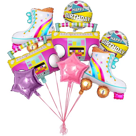 8 PCS Roller Skate Rainbow Balloons Inflatable Radio Boombox Props for 80s 90s Party Decorations Retro Theme Hip Hop Birthday Party Back to the 80S 90S decorations