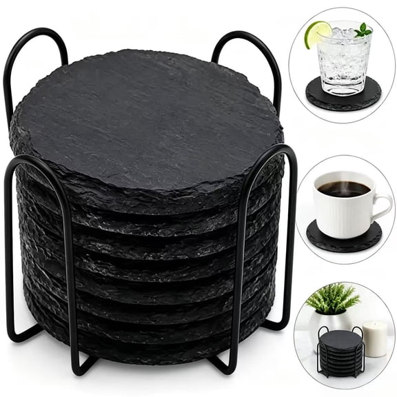 8 PCS Round Black Stone Coasters Set, 3.9Inch Laser Engraving Slate Drink Coasters with Anti-Scratch Bottom & Holder, Outdoor Patio Table Desk Coaster Set for Home Bar Kitchen Decor