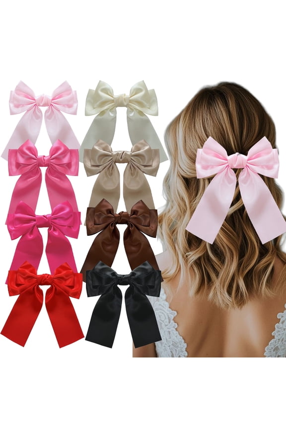 8 PCS Silky Satin Hair Bows, Oversized Long Tail Bows with Barrette Clips, Short Tail Bow Hair Clips Small Alligator, Coquette Hair Accessories for Women and Girls