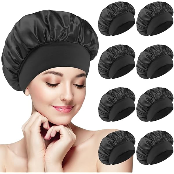 8 PCS Satin Hair Bonnet for Women | Elastic and Reusable Shower Hair Caps | Satin Bonnet for Sleeping Women, Shower Caps | Double Layers Hair Cap | Environmental Protection | 11.8 Inches, Black