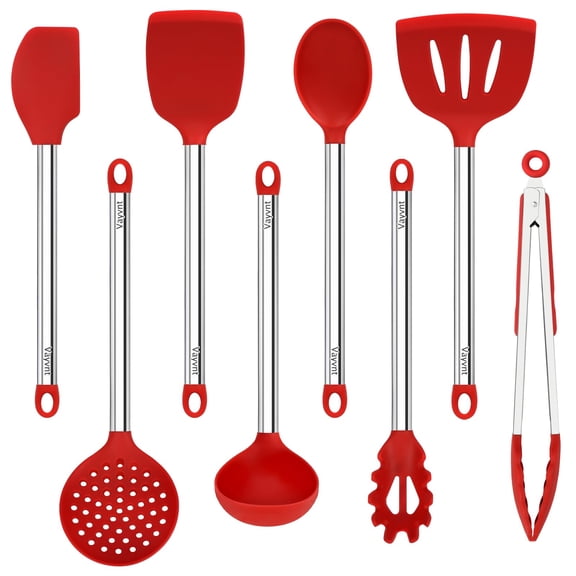 8 PCS Silicone Kitchen Utensils, Vayvnt Large Cooking Utensils Set for Nonstick Cookware, Silicone Spatula Set Includes Spoons and Tongs, Kitchen Essentials for Cooking & Baking, Dishwasher Safe, Red