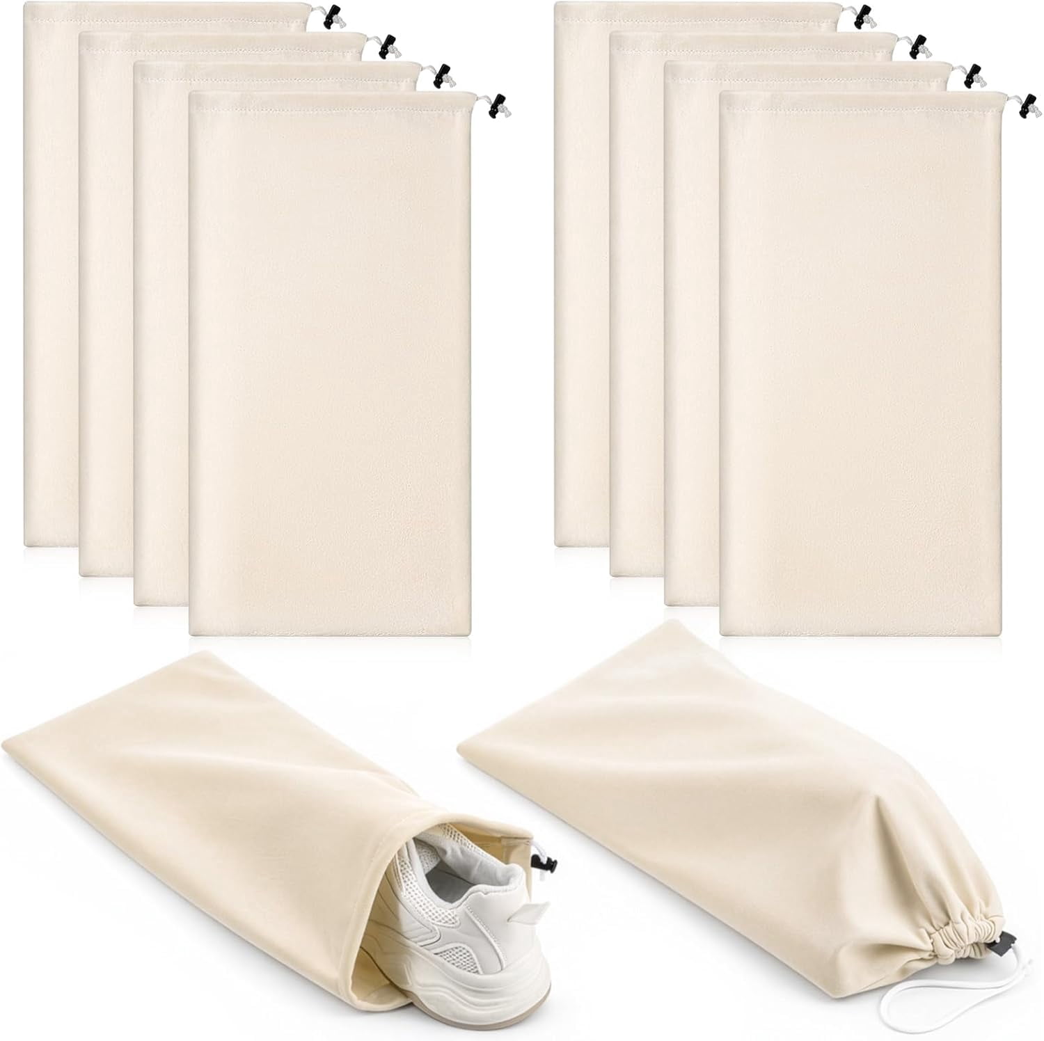 8 PCS Single Shoe Bags for Traveling, 9.1×17.7 Inch Travel Shoe Bags for Packing in Suitcase Velvet with Drawstring Shoes Storage Bag Dust-Proof for Women and Men, Travel and Home Storage-Beige