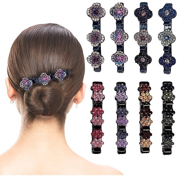 8 PCS Sparkling Crystal Stone Braided Hair Clips for women/Girl, Barrette with 3 clips on top, New in 2022 Triple Hair Clips Barrette with Rhinestones