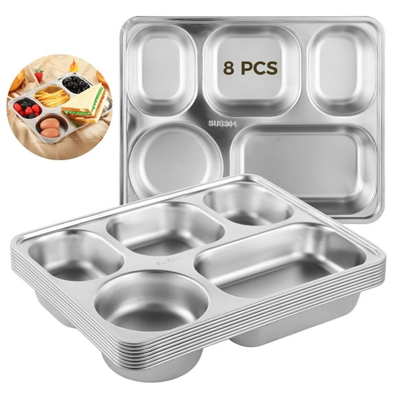 8 PCS Stainless Steel Meal Food Tray, Rectangular 5 Sections Divided Dinner Plates, Metal Plate Divided Plates Campers Compartment Plates Serving Plate Dividers