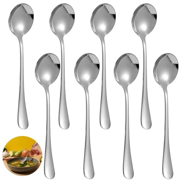 8 Pcs Stainless Steel Soup Spoons, Quality Round-Head Oatmeal Spoon Set, Dinner Spoons with Long Handle, Silverware Set for Buffet, Serving Soup and Liquid Foods