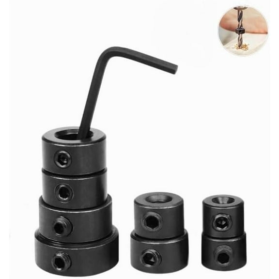 8 PCS Step Drill Bit Depth Stop Collar Ring Positioner Locator, Woodworking Positioning Depth Limiter 3 4 5 6 8 10 12 16mm with Hexagon Wrench Spacing Ring Set for Consistent Drilling (Black)