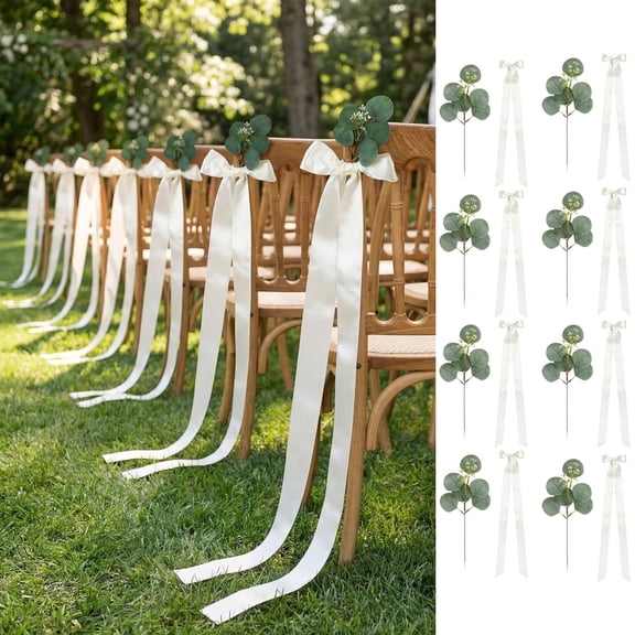 8 PCS Wedding Chair Decorations White Ribbon Bows Long Tails with Artificial leaves Wedding Aisle Decor for Church Pew