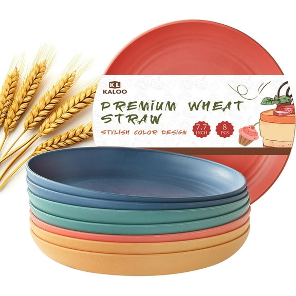 8 PCS Wheat Straw Plates, Kaloo 7.7 Inch Melamine Reusable Plastic Unbreakable Dinner Plates for kitchen, Dishwasher & Microwave Safe (4 colors)