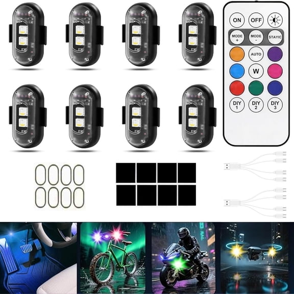 8 PCS Wireless LED Strobe Lights with Remote Control, 8 Colors USB Charing Waterproof Anti-Collision Led Emergency Warning Lights for Car Motorcycle Drone Aircraft Bike