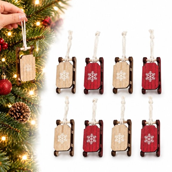 8 PCS Wooden Sled Christmas Ornaments, 4 Natural Wood & 4 Red Sleigh Hangers with Twine