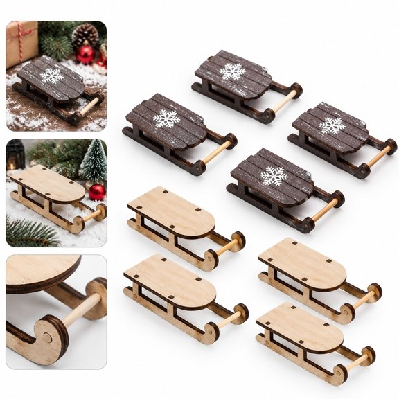 8 PCS Wooden Sleigh Ornaments, Rustic Sled Table Decor in Black & Natural Wood for Christmas