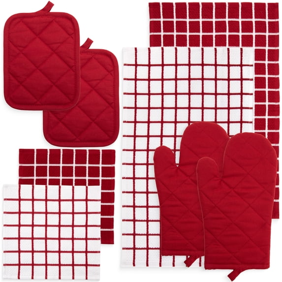 Mainstays Cotton Kitchen Set: Towels, Dishcloths, Oven Mitts, Potholders, Red, 8 Pieces