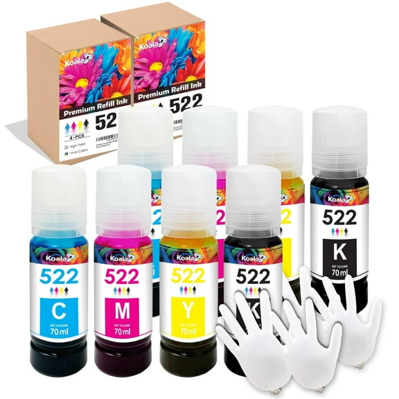 Koala 522 Ink, 8 Bottles, Printer Ink Refill Kit Compatible with Epn 522 Ink for ET-2840 ET-4800 ET-2720 ET-4700 ET-2400 ET-2800 ET-2803, 502 542, Black, Yellow, Cyan, Magenta
