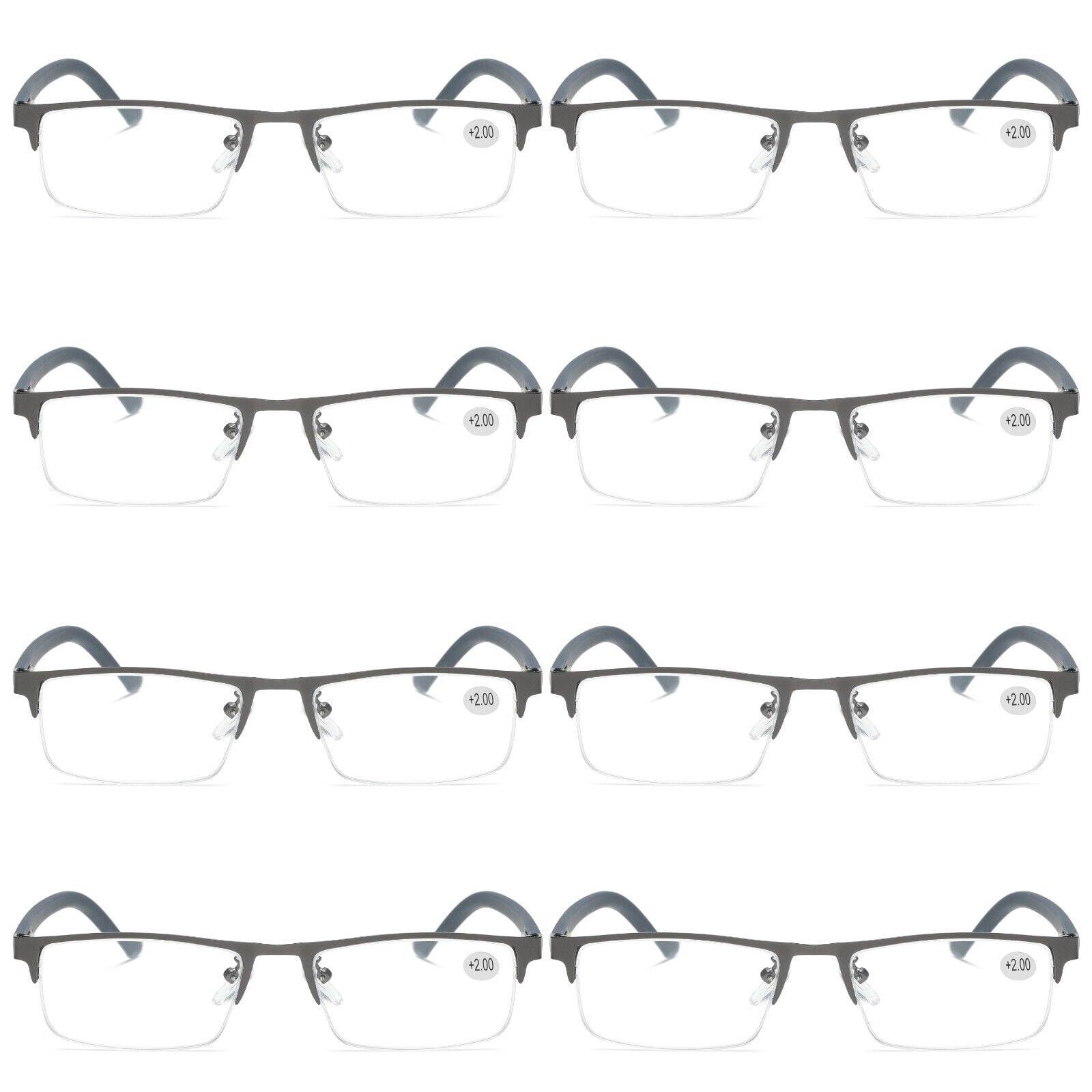 8 PK Men's Blue Light Blocking Reading Glasses - Rectangular Metal Half-Frame - Spring Hinge Readers +3.00