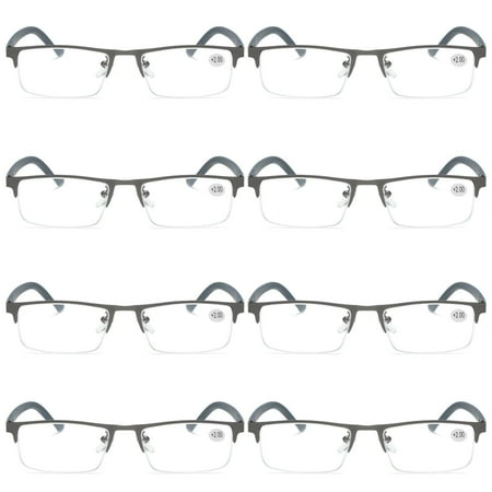 8 PK Men's Blue Light Blocking Reading Glasses - Rectangular Metal Half-Frame - Spring Hinge Readers +4.00