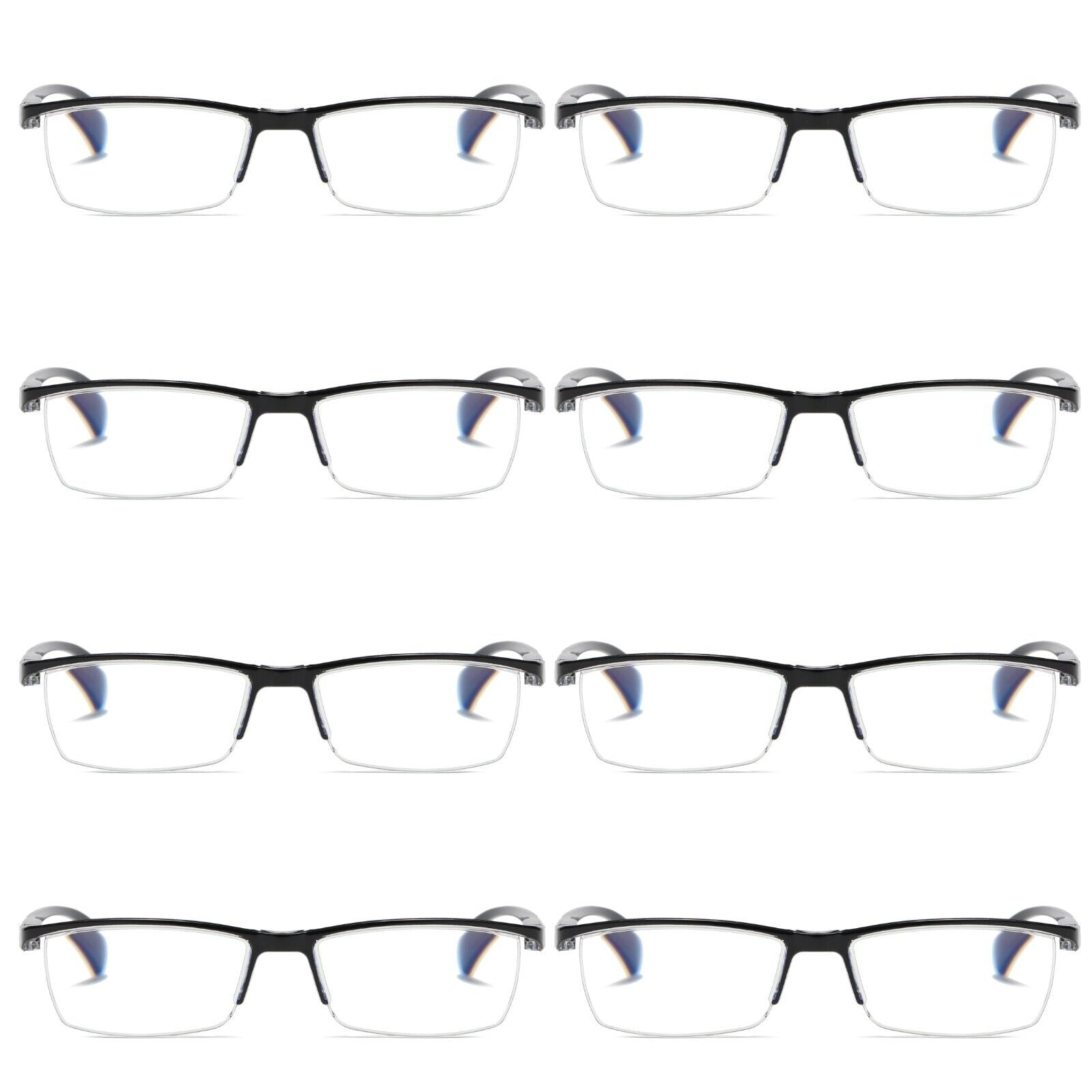 8 PK Mens Reading Glasses Readers - Rectangular Half-Frame - Lightweight & Spring Hinge - Block Harmful Blue Light +2.25
