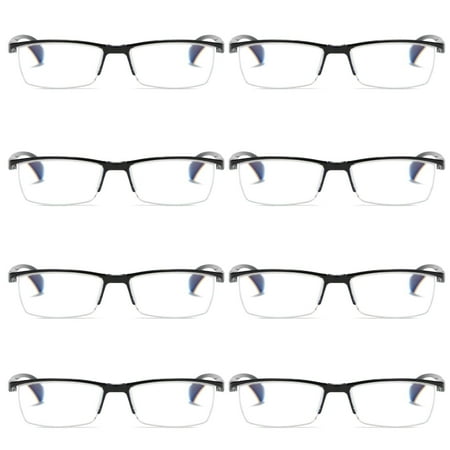 8 PK Mens Reading Glasses Readers - Rectangular Half-Frame - Lightweight & Spring Hinge - Block Harmful Blue Light +2.50