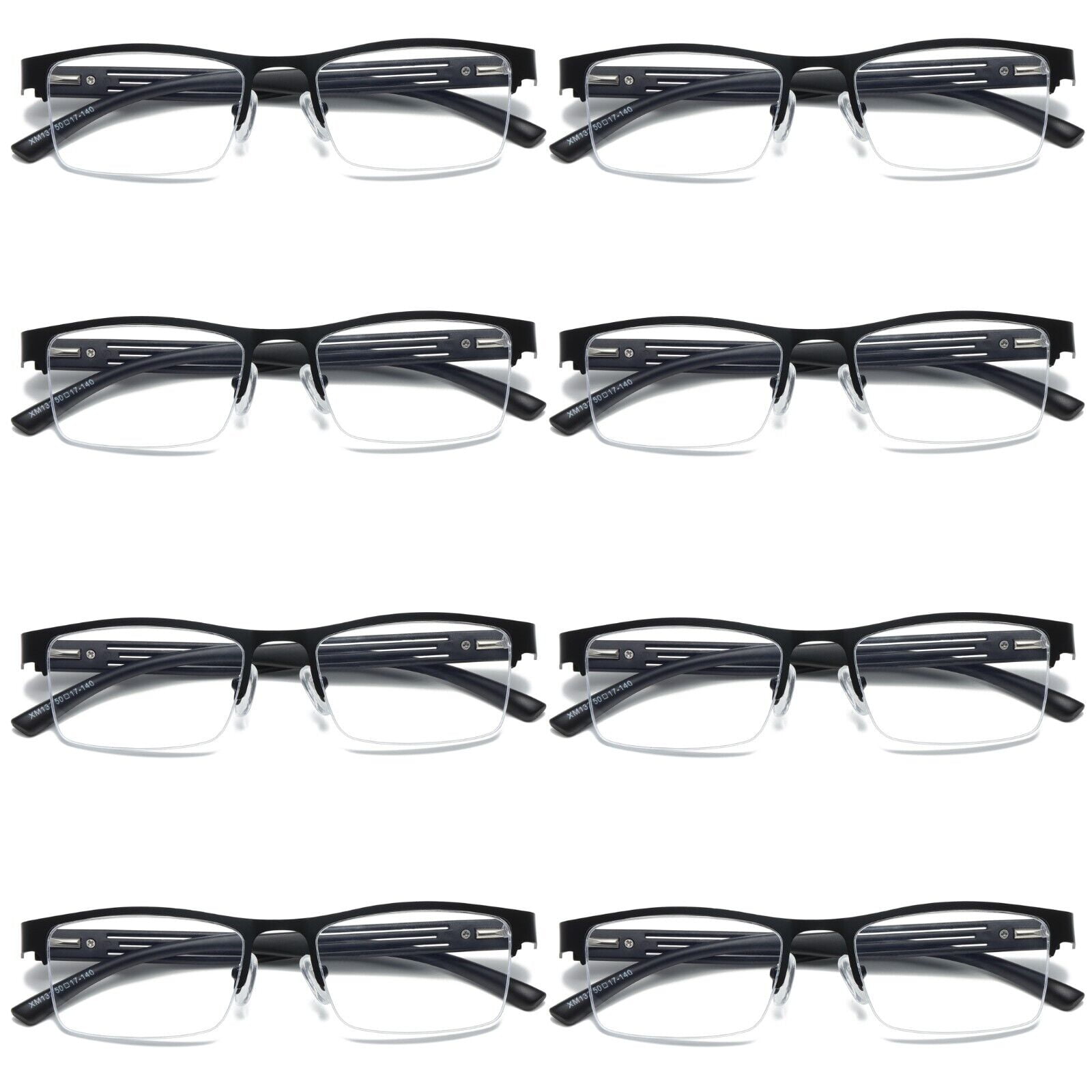8 PK Mens Reading Glasses Spring Hinge - Square Metal Half-Frame - Blue Light Blocker Readers +0.75