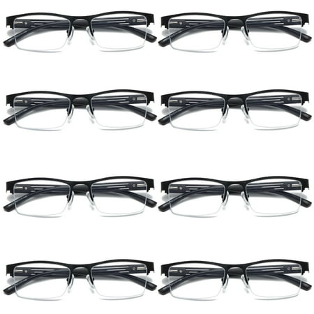8 PK Mens Reading Glasses Spring Hinge - Square Metal Half-Frame - Blue Light Blocker Readers +1.25