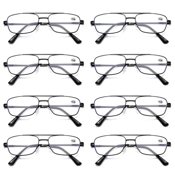 8 PK Mens Retro Aviator Reading Glasses Metal Frame Blue Light Blocking Readers