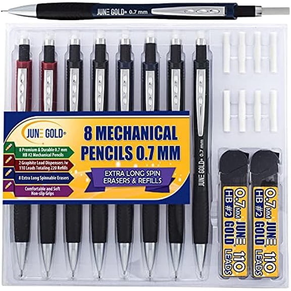 8 Pack 0.7 mm HB #2 Mechanical Pencils, Extra Long Spin Eraser, 2 Lead Dispensers/w 220 Refills & 8 Refill Erasers, Break Resistant Lead, Soft Non-Slip Grip$$Office