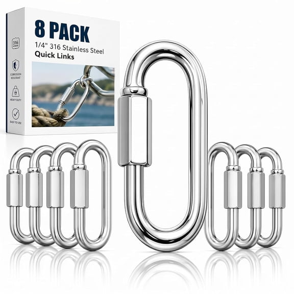 8 Pack 1/4" 316 Stainless Steel Heavy Duty Quick Links D-Shape Locking Chain Connectors 875-2300 Lbs Working Load Marine Grade Safety Links for Towing Marine Camping Industrial Use