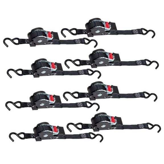 8 Pack 1" x 12' Retractable Ratchet Straps | Auto Retract NO-RATCHETING Ratchet Straps with Coated S Hook Tiedowns for Motorcycles, ATVs, Bikes: Tight & Secure Pickup Trailer Tie-Down