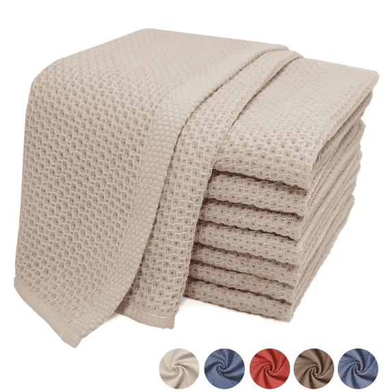 8 Pack 100% Cotton Dish Towels, Waffle Weave Dish Cloths for Washing Dishes, Quick Drying Kitchen Dish Towels Rags, 12x12 Inches, Beige