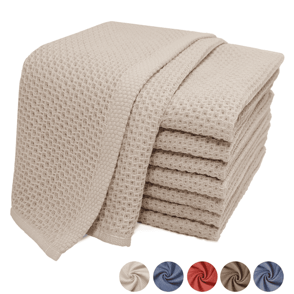 8 Pack 100% Cotton Dish Towels, Waffle Weave Dish Cloths for Washing Dishes, Quick Drying Kitchen Dish Towels Rags, 12x12 Inches, Beige