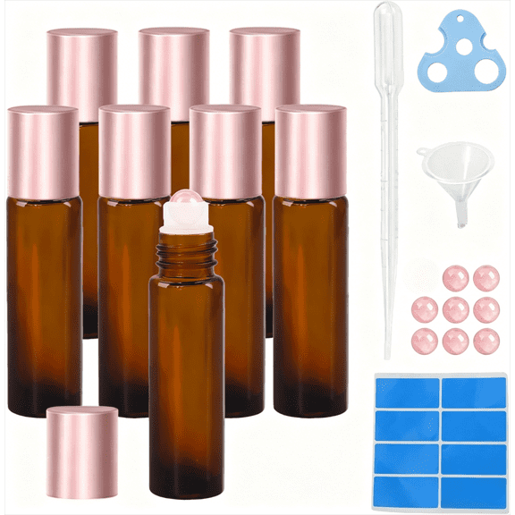 8 Pack 10ml Refillable Amber Glass Roll On Bottles, Natural Rose Quartz Roller Balls, Leak Proof Travel Vials with Rose Gold Caps for Essential Oil, Perfume & Massage Oil