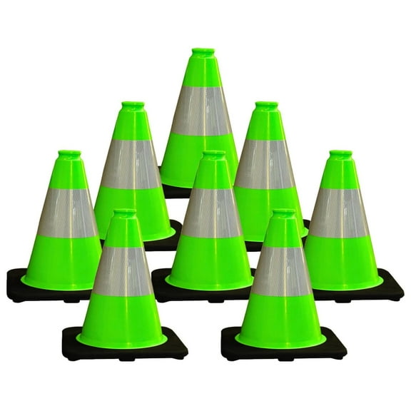 8 Pack 12'' Green PVC Traffic Cones Road Construction Cones with Black Base and Reflective Tape Safety Cones for Parking Lots Driveways Construction Areas and Traffic Control