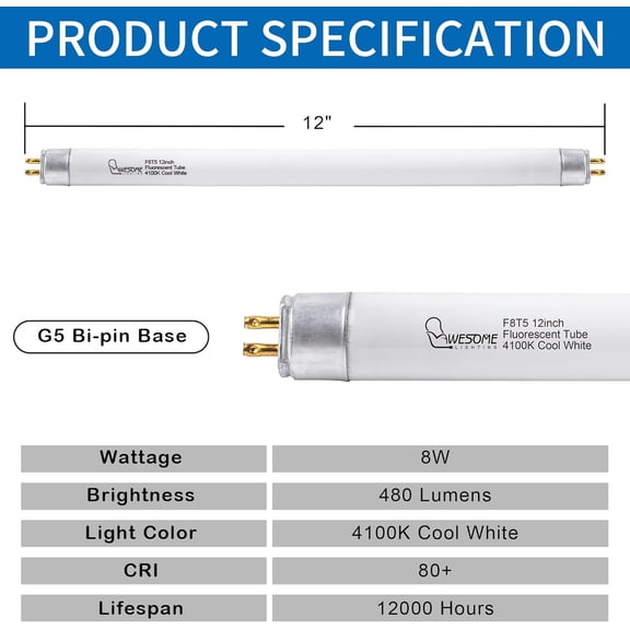 8 Pack 12 Inch F8T5/CW Fluorescent Light Bulb, 4100K Cool White, T5 8 Watts Fluorescent Replacement Bulb for Counter and Cabinet Fixture, G5 Base