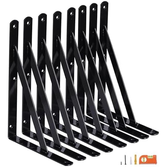 8-Pack 12 Inch Heavy Duty Shelf Brackets, Thicken Wall Bracket for Garage Floating Storage Shelves, 90 Degree Triangle Large L Bracket, Black Powder-Coated Steel