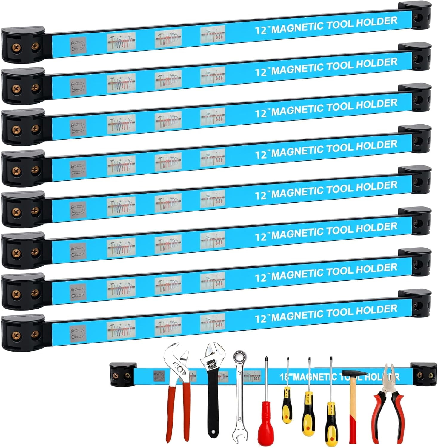 8-Pack 12-Inch Magnetic Tool Holder Strip, Metal Tool Magnet Bar for Garage Organization, Wall-Mounted Tool Organizer Rack for Workshop and Home