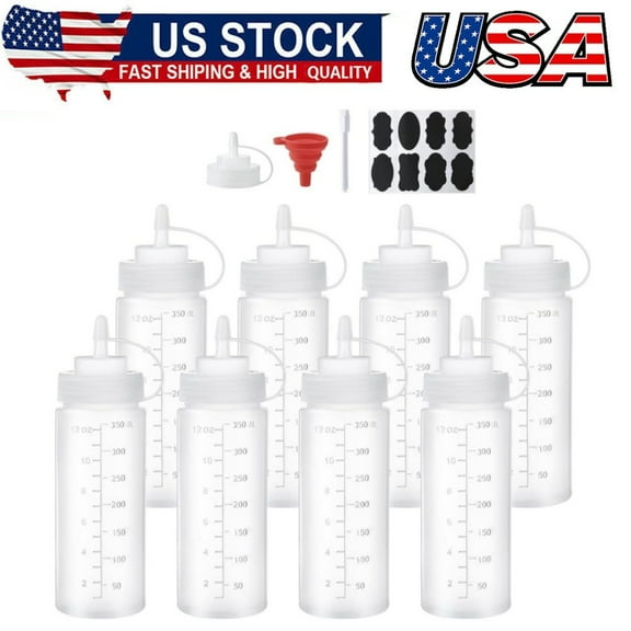 8 Pack 12 oz Plastic Squeeze Squirt Condiment Bottles with Cap Lids - Perfect for Condiments, Oil, Icing, Liquids–Set of 8 with extra 1 Silicone Funnel, 8 Chalk Labels and 1 Pen