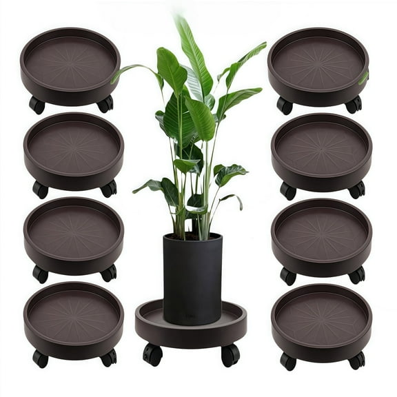 8 Pack 13 Inch Round Plant Caddy with 4 Lockable Wheels, 110 Lbs Capacity Heavy Duty Rolling Plant Stand, Wheeled Planter Saucer Tray Trolley for 11.8 Inch Planter Pot Indoor Outdoor, Brown