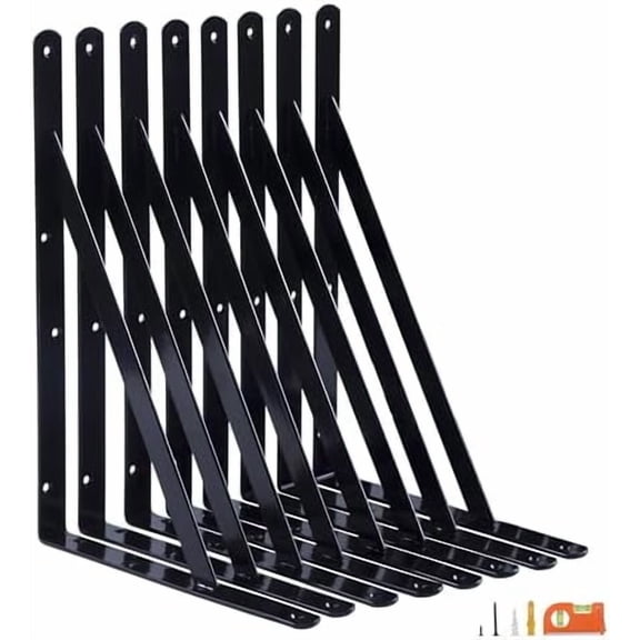 8-Pack 14 Inch Heavy Duty Shelf Brackets, Thicken Wall Bracket for Garage Floating Storage Shelves, 90 Degree Triangle Large L Bracket, Black Powder-Coated Steel