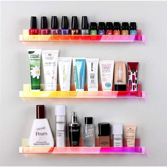 8 Pack 15 Inch Iridescent Acrylic Shelves, Clear Rainbow Kids Floating Bookshelf for Kids Room, Modern Sunglasses Essential Oil Picture Ledge Display Toy Storage Wall Shelf