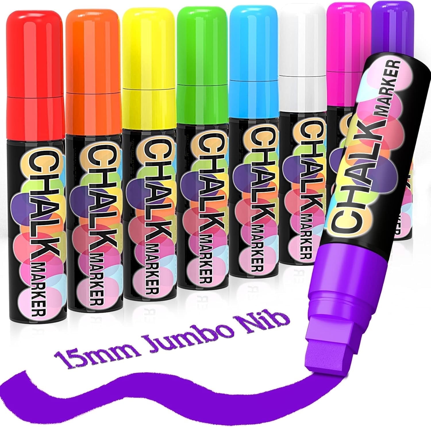 8 Pack 15mm Jumbo Liquid Chalk Marker,Window Paint Markers,Neon Glass Markers Pen, Wet Erase for Cars, Auto, White Board, Chalkboard, Black board, Tire, Mirrors, Bistro