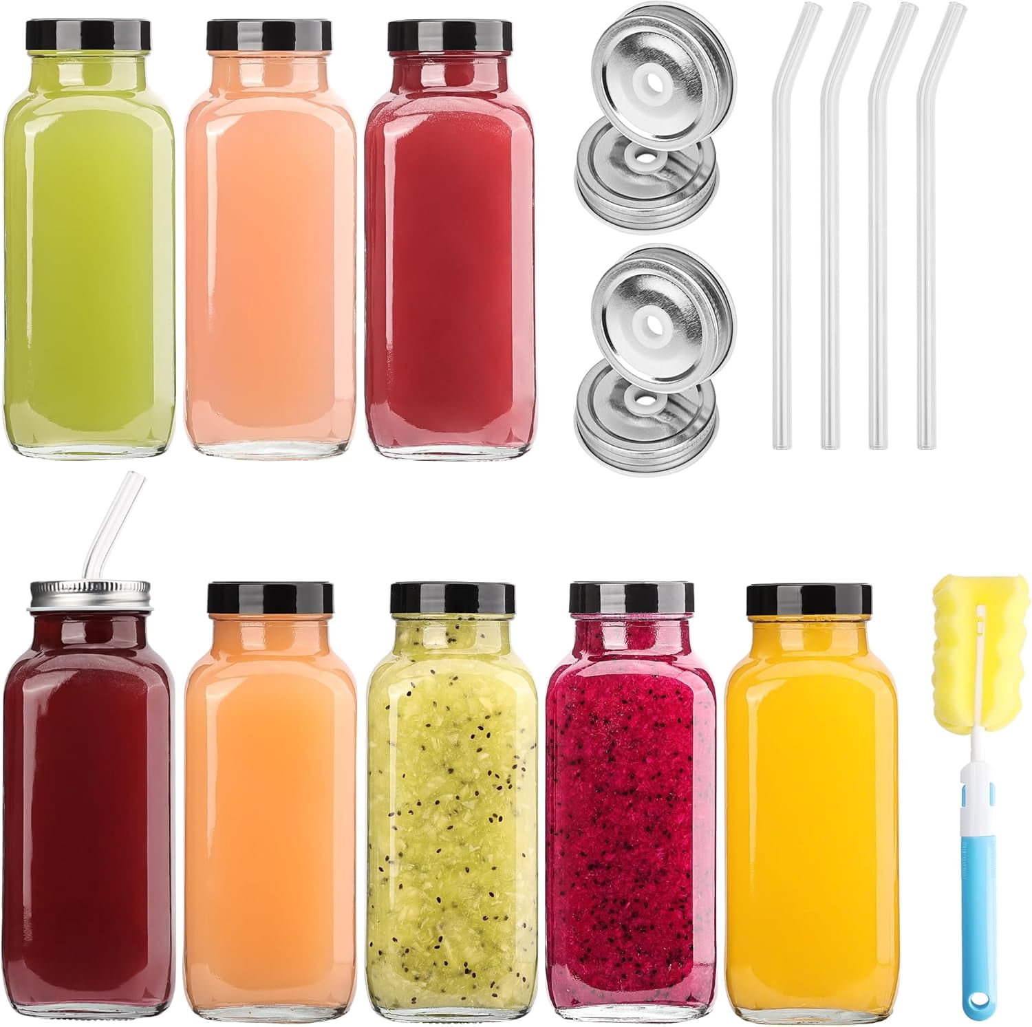8 Pack 16 OZ Glass Juice Bottles with Airtight Lids & 4 Straws & 4 Lids w Hole, Reusbale Clear Glass Homemade Drinking Jars, Glass Bottles for Juicing, Smoothies, Water, Milk, Kombucha