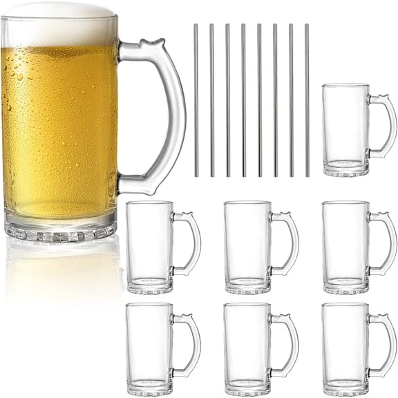 8 Pack 16 Oz Glass Beer Mug with Handle, Heavy Large Glass Steins Beer Cups with Stainless Steel Straws, Heavy Base, Thick Drinking Glasses for Freezer, Bar, Cocktail, Alcohol, Beverages, Soda
