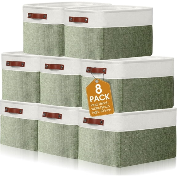 8 Pack 16 x 12 x 10 Inch Large Storage Baskets Collapsible Fabric Storage Cubes Bins with Handles for Shelves Closets Nursery Home Clothes Toys Organizers, Green