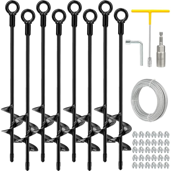 8 Pack 18" Heavy Duty Ground Anchors Shed Anchor Kit with 3/16" Galvanized Cable, Swing Set Anchors Trampoline Stakes for Shed Canopy Gazebo Carport Tent