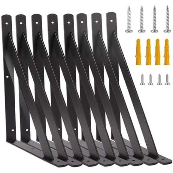 8 Pack 18 Inch Heavy Duty Metal Shelf Brackets (457x295mm) - 90 Degree Wall Mount L Brackets with Mounting Screws - Industrial Black Steel Shelf Supports$$Tools & Hardware Other