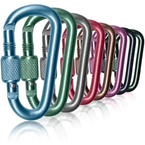 8-Pack 2 Inch Locking Carabiners, Aluminum D-Ring Screw Gate Snap Hooks for Outdoor Camping Hiking Backpack Keys (Multicolor)
