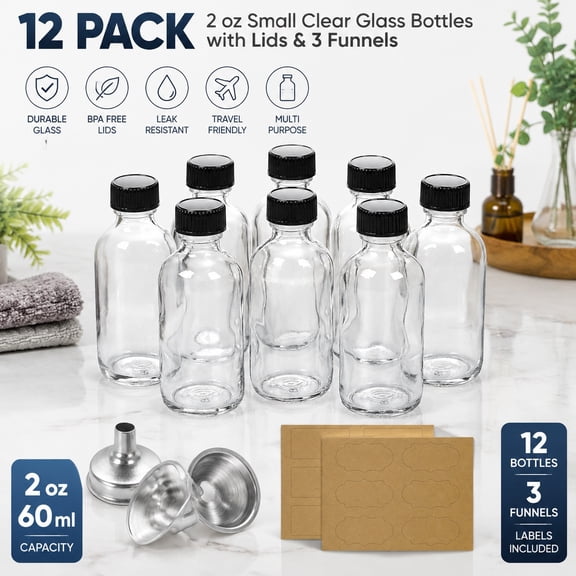 8 Pack 2 oz Clear Glass Bottles with Lids and Funnels - 60ml Boston Shot Bottles for Travel, Health, Immunity, Juice, Essential Oils, Wellness Samples