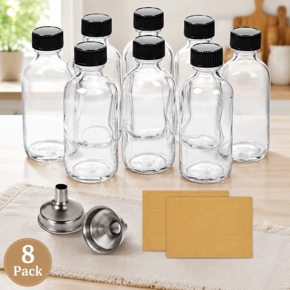 8 Pack 2 oz Clear Glass Bottles with Lids & Funnels - 60ml Mini Boston Shot Bottles for Health, Beauty, Travel, Essential Oils, Juice, Samples