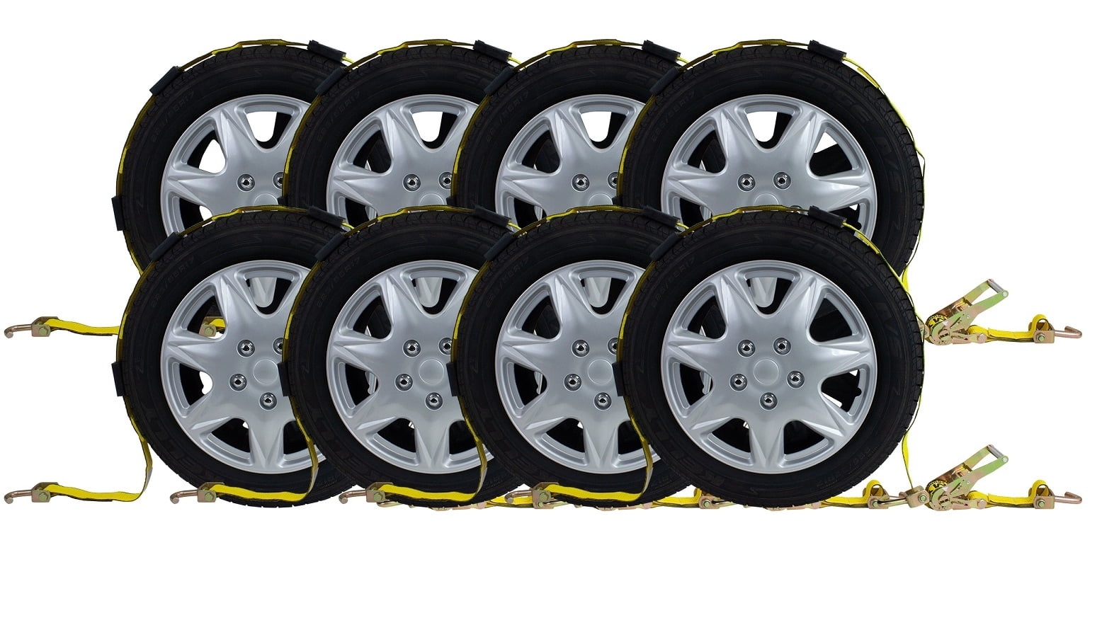 (8 Pack) 2" x 12' Over The Tire Car Hauler Ratchet Straps with Swivel J Hooks and Rubber Blocks - Car Tie Down Wheel Straps Truck Trailer Auto Tie Down