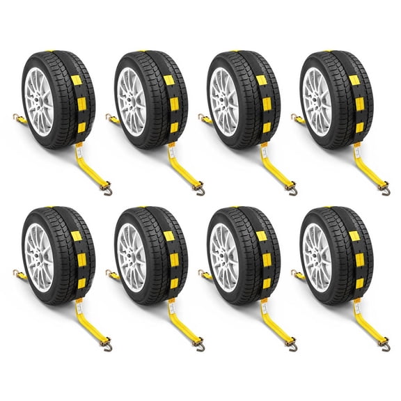 8 Pack 2" x 16' Over the Tire Tie Down Straps - Heavy Duty Replacement Wheel Straps with Swivel Hooks & Rubber Blocks, 10,000 lbs Break Strength, No Ratchet
